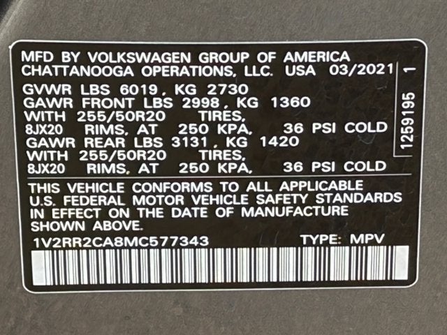 2021 Volkswagen Atlas 3.6L V6 SE w/Technology R-Line