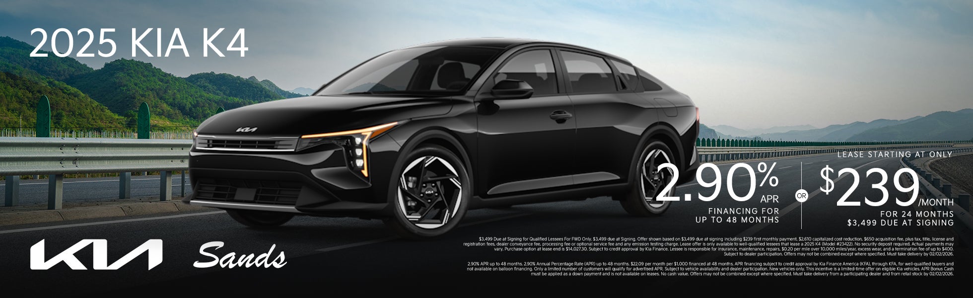 Black 2025 Kia K4 sedan with lease offer