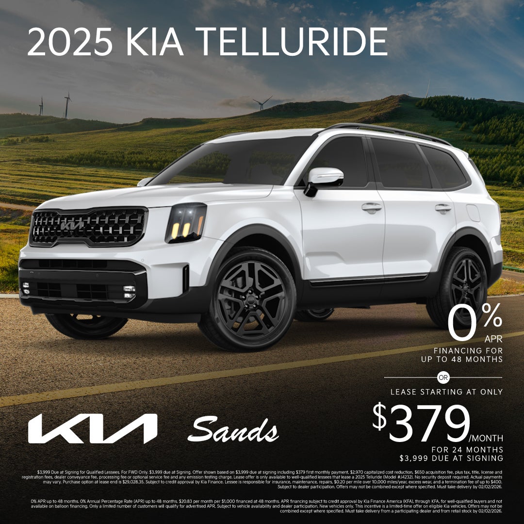 White 2025 Kia Telluride SUV with lease offer