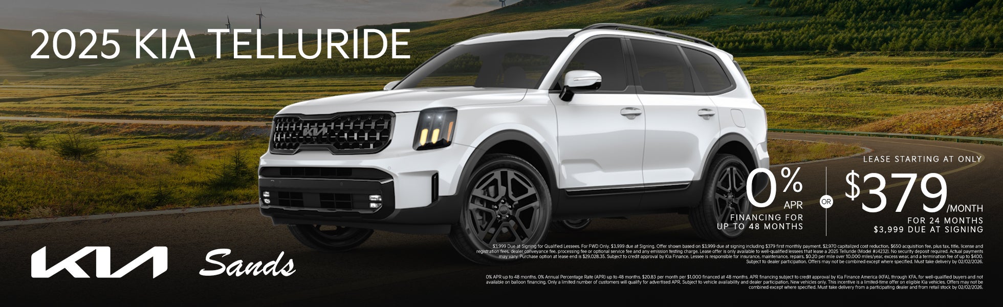 White 2025 Kia Telluride SUV with lease offer